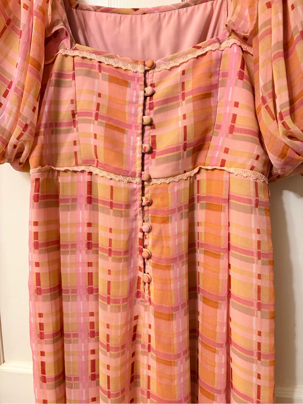 ASOS Peach Plaid Jumpsuit with Puff Sleeves - Picture 3 of 6